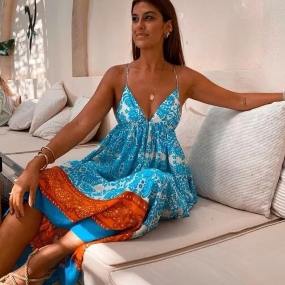 ZARA White Blue Red Patterned Floral Summer Maxi Dress